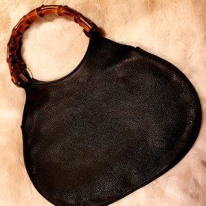 Vintage Gucci Black Pebbled Leather Handbag Bamboo Handles